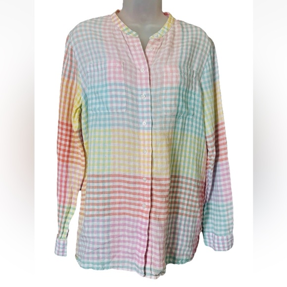 Lands' End Tops - Lands End Women’s Petite M Pastel Patchwork Gingham Plaid Linen Rainbow Top